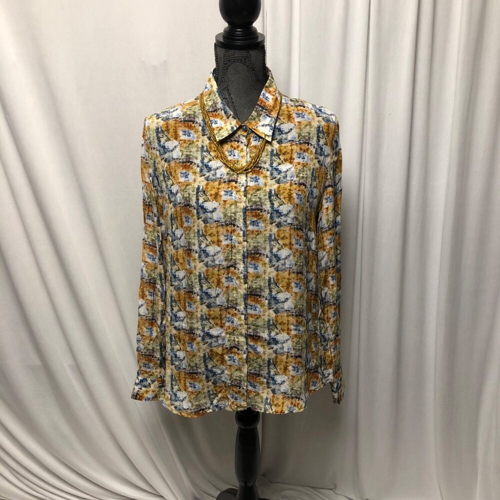 APNY Blouse Womens Size Large Long Sleeve Abstract Lightweight Button Up Shirt